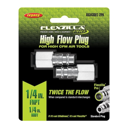 Flexzilla High Flow Plug, 1/4in Body, 1/4in FNPT, 2-Pack A53430FZ-2PK